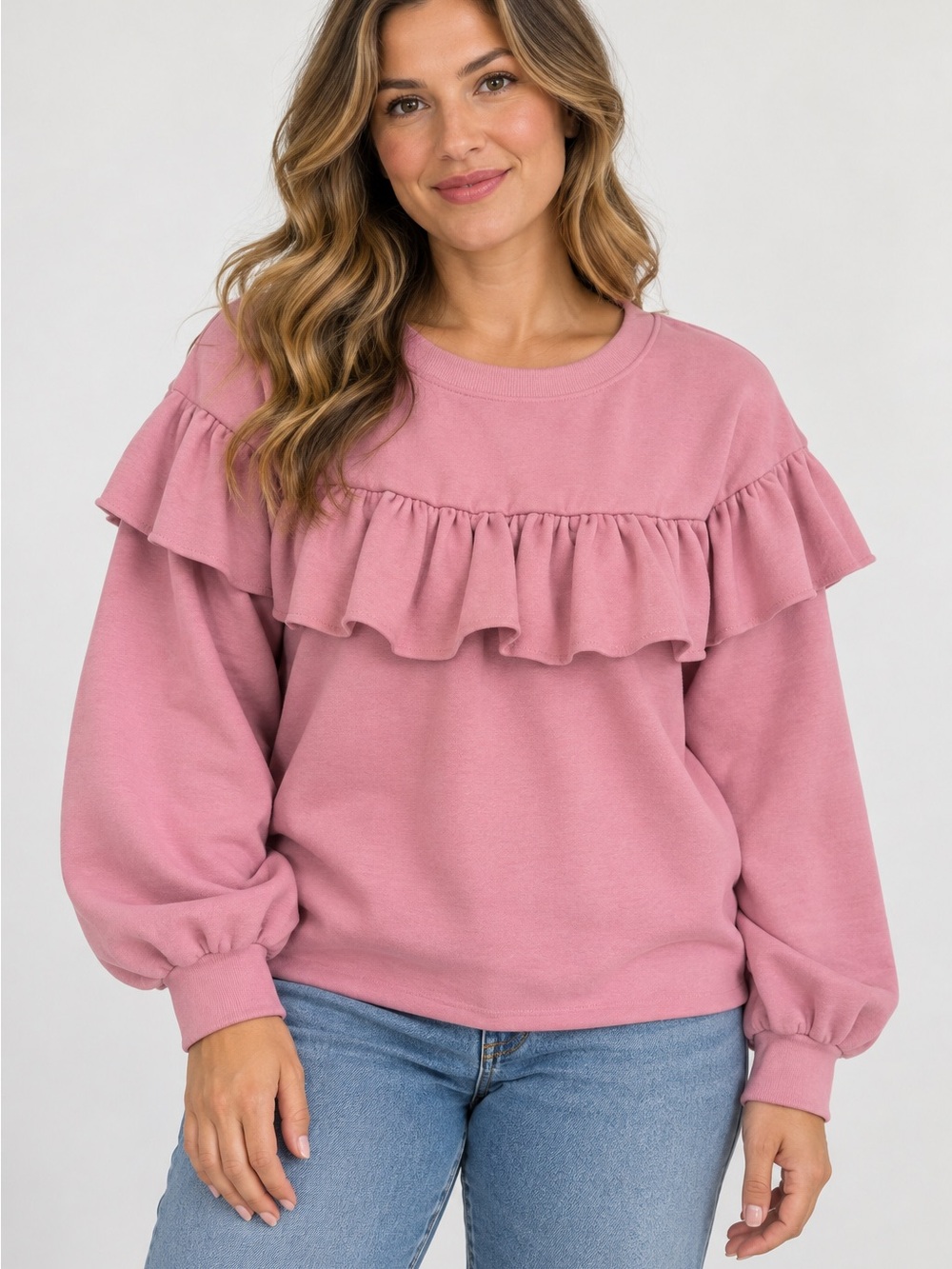 Anthropologie Ruffle Yoke Pullover Sweatshirt - Rose Pink